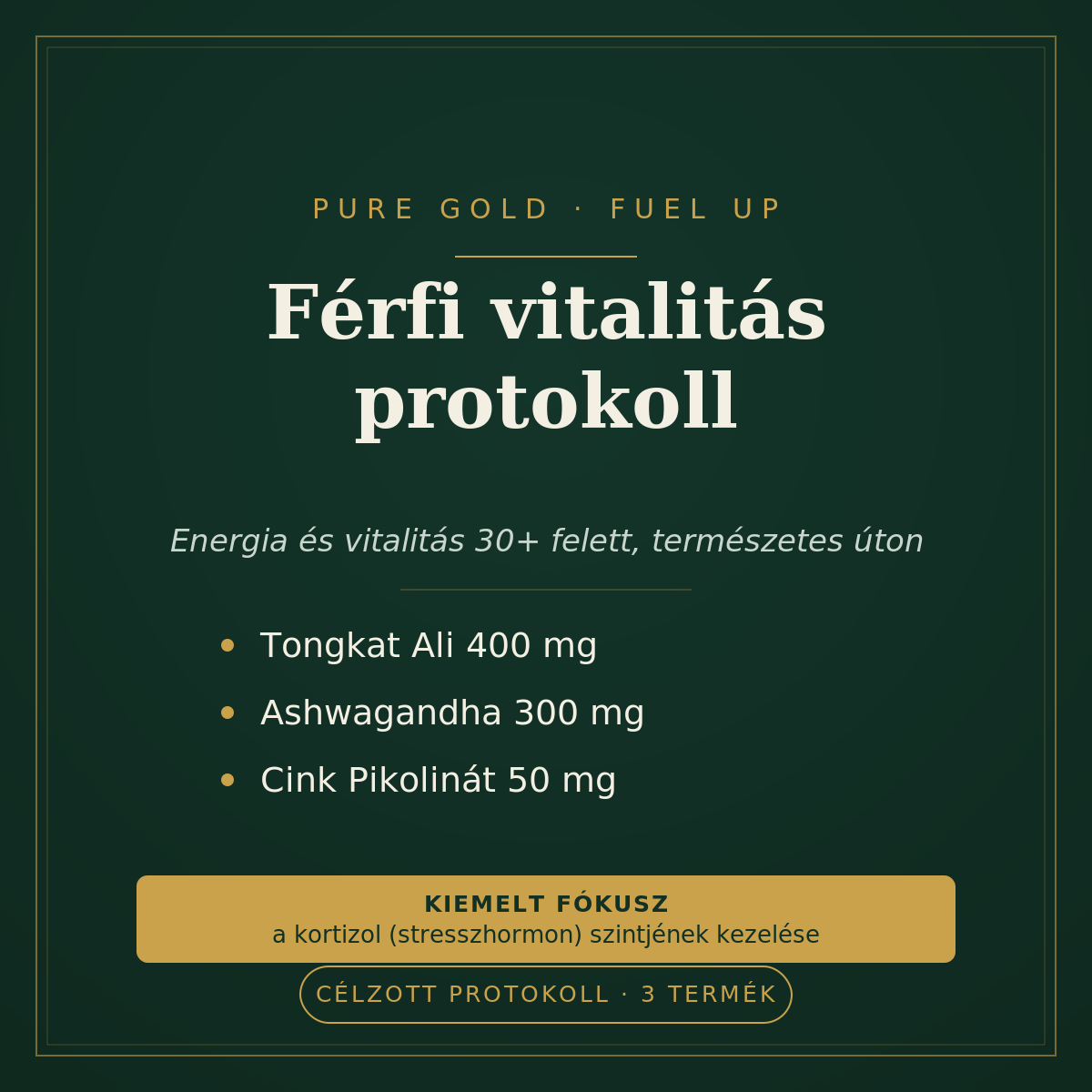 Férfi vitalitás protokoll – Tongkat Ali, Ashwagandha és Cink Pikolinát, kiemelt kortizol-fókusszal, a Pure Gold Fuel Up sorozatból